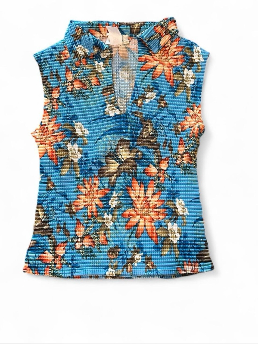 vintage Cache blue tropical floral textured collared sleeveless top